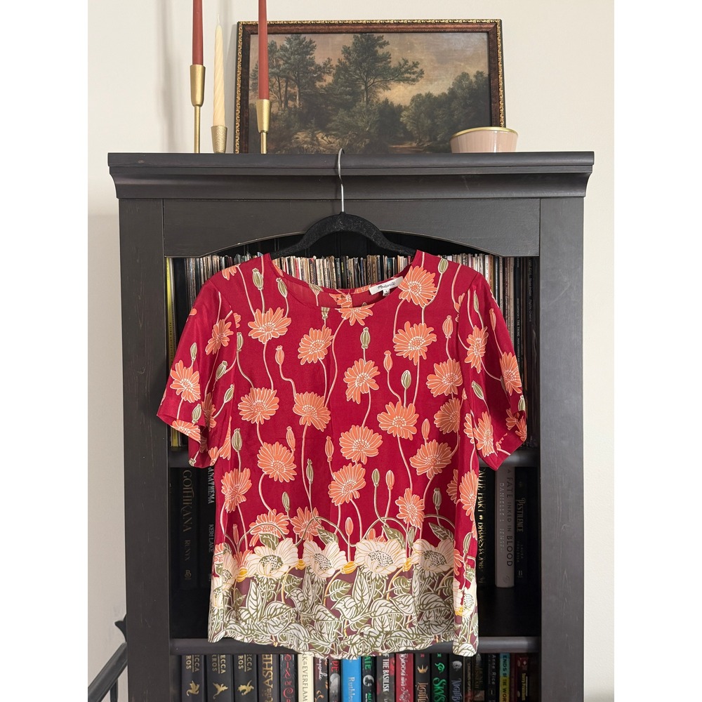 Madewell 100% Silk Poppy Border Print Top M Red Floral Short Sleeve Boho Artsy